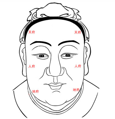 中二府自命门至虎耳(即颧骨下至耳垂);下二府自颐骨(悬壁)至地阁